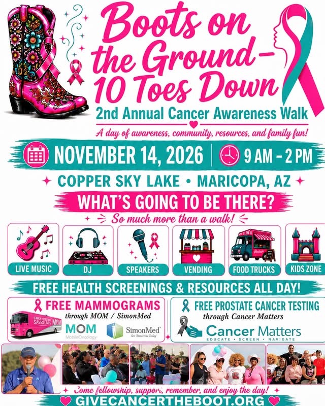 Boots on the Ground – 10 Toes Down, 2nd Annual Cancer Awareness Walk flyer: November 14, 2026, 9 AM to 2 PM at Copper Sky Lake in Maricopa, Arizona