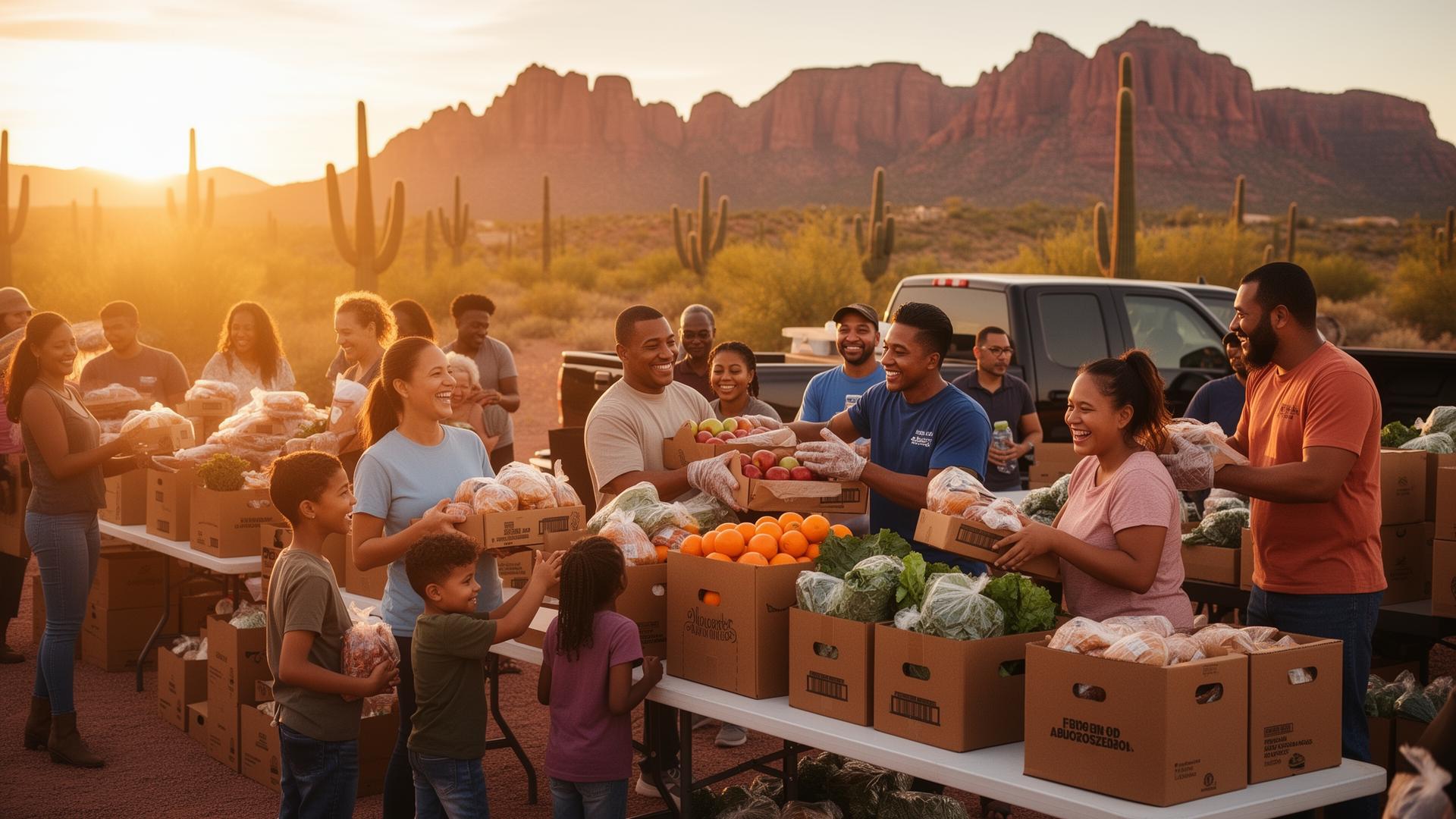 Diverse community of children, families and mentors gathered in warm sunset light